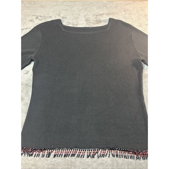 CLIO Pullover Sweater Ladies Med/Lg Black Silk/Cotton 3/4 Sleeves Red Beaded Hem - Picture 1 of 11